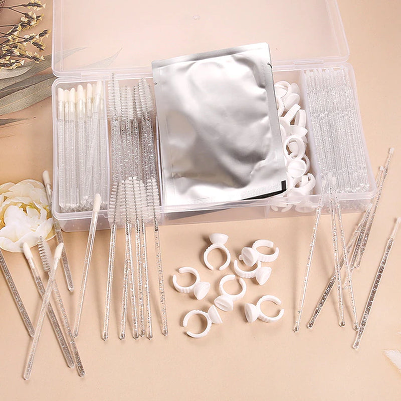 Eyelash Extension Set with Box Lashes Micro Brush Tape Glue Ring Eye Pad Disposable Mascara Applicator Eyelashes Tool