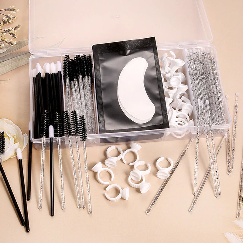 Eyelash Extension Set with Box Lashes Micro Brush Tape Glue Ring Eye Pad Disposable Mascara Applicator Eyelashes Tool